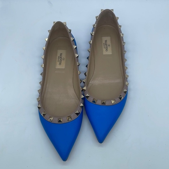 Valentino Garavani Blue leather beige trim Rockstud Ballerina flats 37.5 - Picture 1 of 12